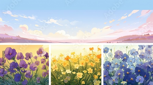 A collection of four paintings depicting vibrant flowers in a field. Perfect for adding a touch of nature and color to any space