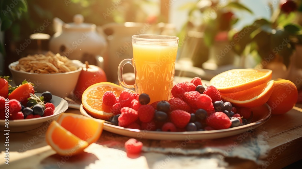 A table adorned with plates of fresh, vibrant fruits and a glass of refreshing orange juice. This image can be used to depict a healthy and nutritious breakfast or a vibrant summer snack A table adorned with plates of fresh, vibrant fruits and a glass of refreshing orange juice. This image can be used to depict a healthy and nutritious breakfast or a vibrant summer snack