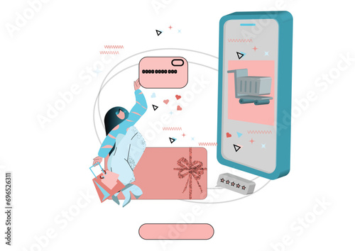Person shopping online, ordering products and gifts from shops and stores from internet. Vector flat character with phone and shopping bag ordering and purchasing items from web, online.