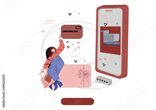 Person shopping online, ordering products and gifts from shops and stores from internet. Vector flat character with phone and shopping bag ordering and purchasing items from web, online.