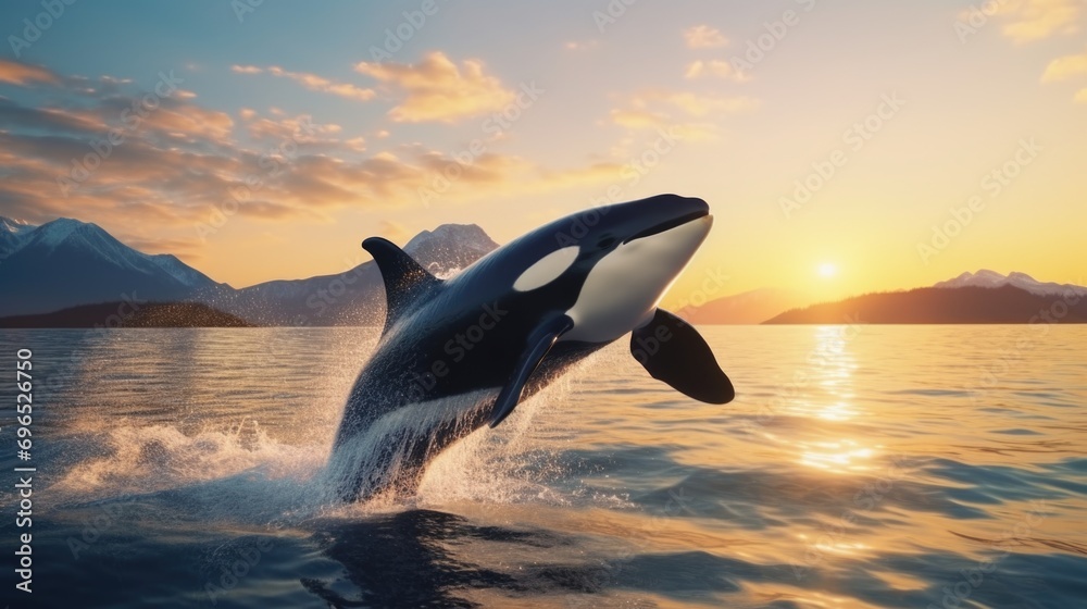 Fototapeta premium A large black and white whale is captured mid-air as it jumps out of the water. This image can be used to depict the power and grace of marine life