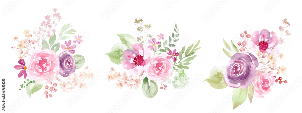 watercolor vector pink flower bouquet isolated on white background digital painting, Trendy pink color vector design bouquet. Blush pink rose, invitation romantic postcard rose watercolor wedding 