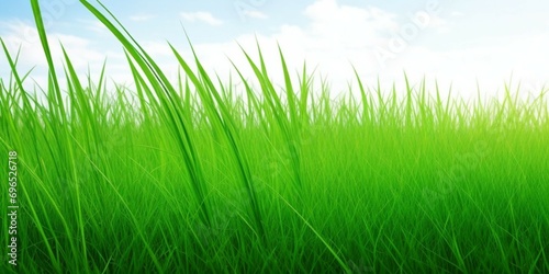 Green grass with blue sky and fluffy clouds