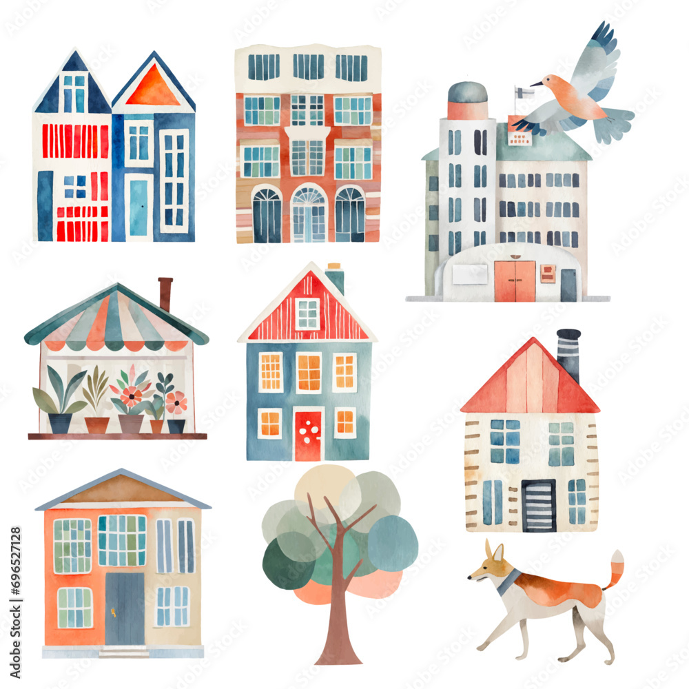 Cute watercolor houses / buildings, vector graphic resources, set / collection