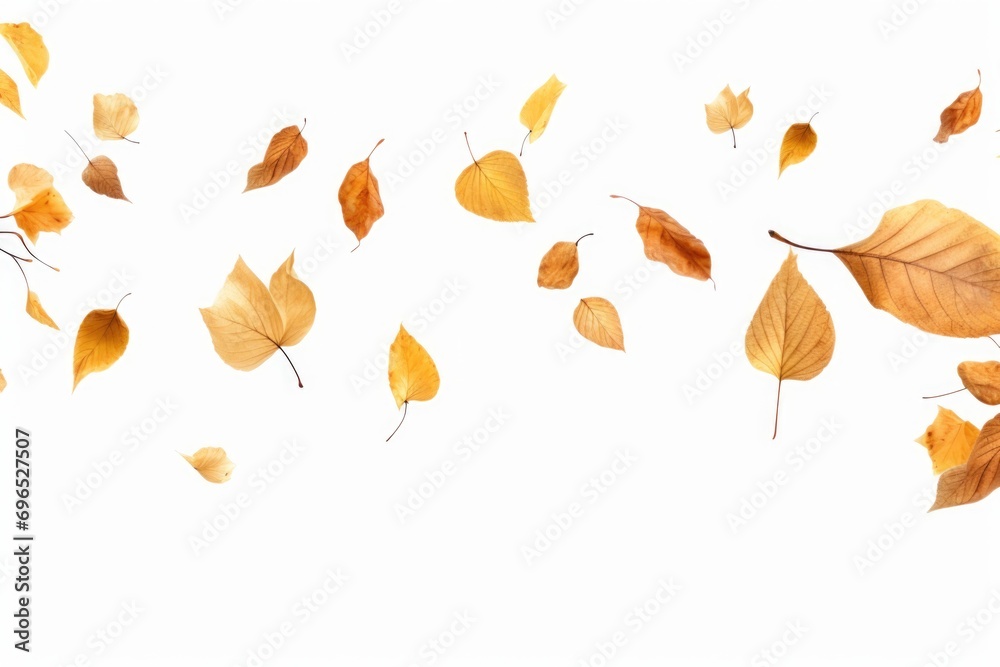 Fototapeta premium Leaves flying in the air, creating a beautiful and dynamic scene. Perfect for nature or autumn-themed designs