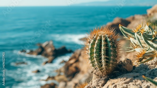 On the edge of the ocean sea with small waves in the background there is a large cactus with thorns growing on the cliff.