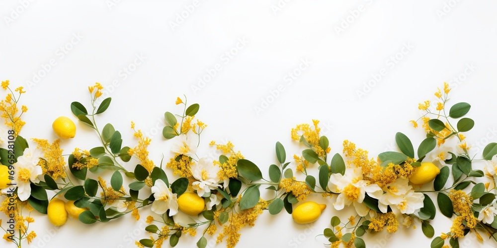 Fototapeta premium Yellow Flowers and Eucalyptus Leaves Pattern in Flat Lay