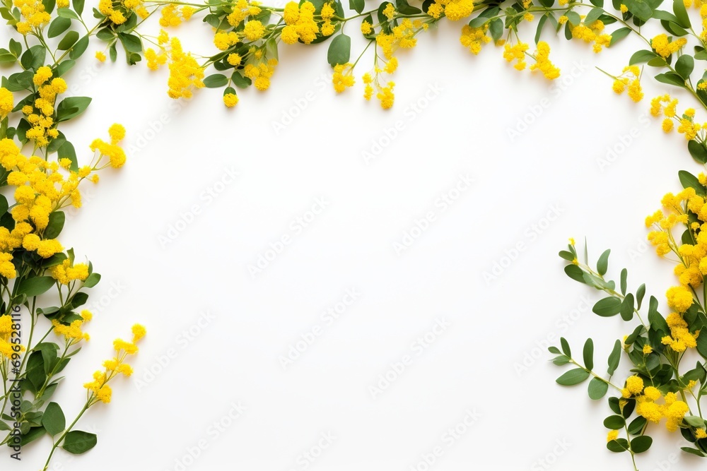 Yellow Flowers and Eucalyptus Leaves Pattern in Flat Lay