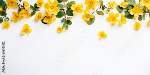 Yellow Flowers and Eucalyptus Leaves Pattern in Flat Lay