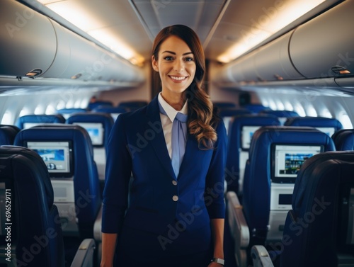 Portrait of a young female flight attendant on commercial plane
