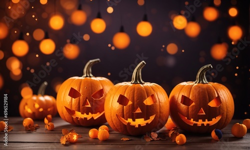 Halloween, orange pumpkins on a wooden table on a bokeh glowing background