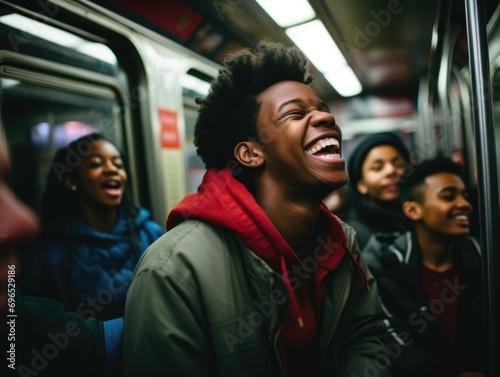 Young high school student laughing on the train