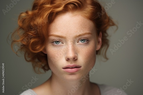 Portrait of a young redhead woman with freckles