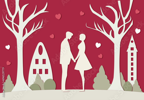 Couple in the park, Valentine´s day card, papper cut effect
