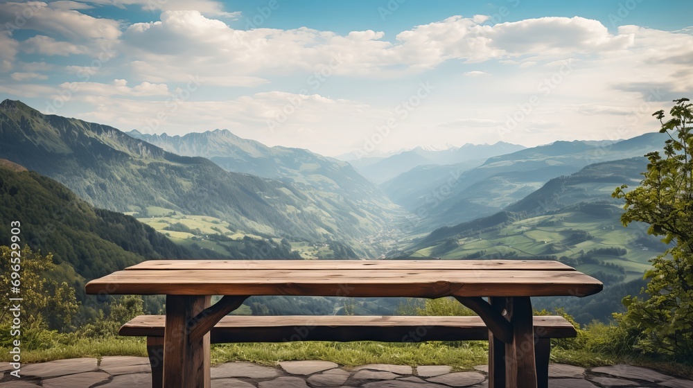 A wooden table that has a view of a mountain in the background