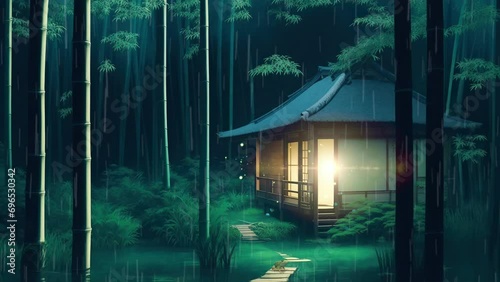 Residence among bamboo trees at night