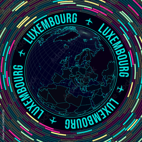 Luxembourg on globe. Satellite view of the world centered on Luxembourg. Bright neon style. Futuristic radial bricks background. Cool vector illustration.
