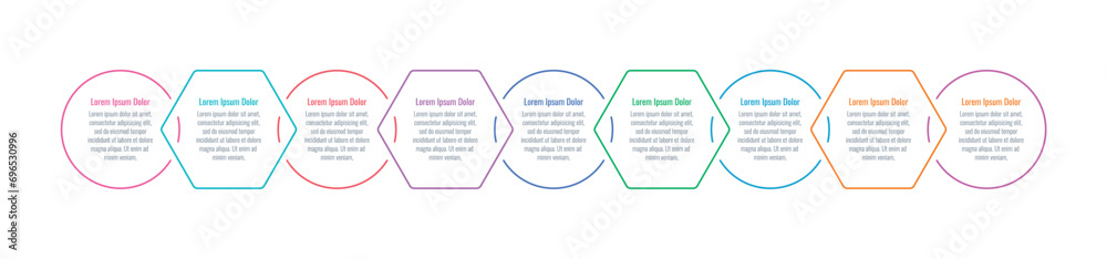 Fototapeta premium round and hexagon informational template. nine steps infographic template. business, internet, web, annual plan and magazine infographic template