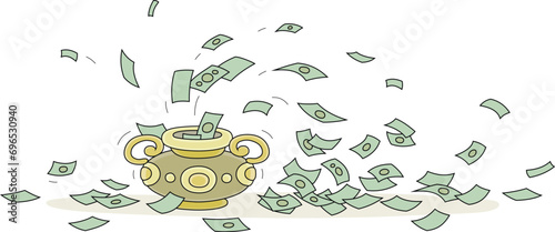 Magic pot throwing out huge quantities of banknotes after a spell of its owner, vector cartoon illustration isolated on a white background