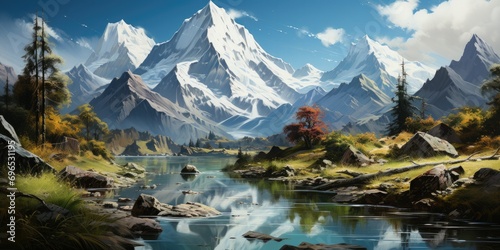 captivating painting depicting a serene mountain lake with a majestic mountain in the background photo
