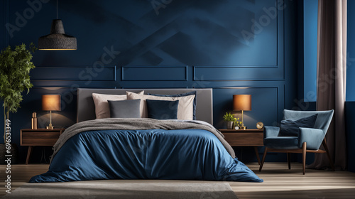 Photo of an interior with Navy blue carpet in front of bed next to lamp in bedroom interior with textured wall photo