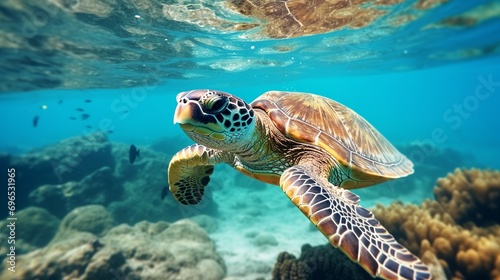 A close-up of a beautiful turtle swimming in the ocean.