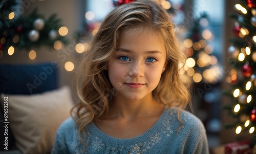 Photo of young girl with Christmas cookies, blue eyes, blurred bokeh christmas tree