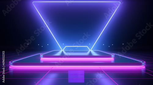 Beautiful futuristic technological light purple and blue podium with light neon panels for product presentation
