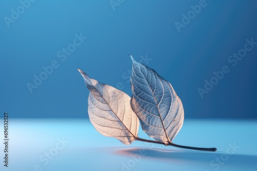 Two leaves are seen up close on a blue surface. This image can be used to represent nature, the environment, or the changing seasons