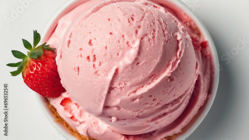 One rounded scoop strawberry ice cream, top view on white background, photorealistic no cone 