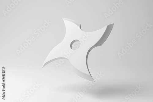 White 4-point shuriken floating in mid air on white background in monochrome and minimalism. Illustration of the concept of Japanese weapons
