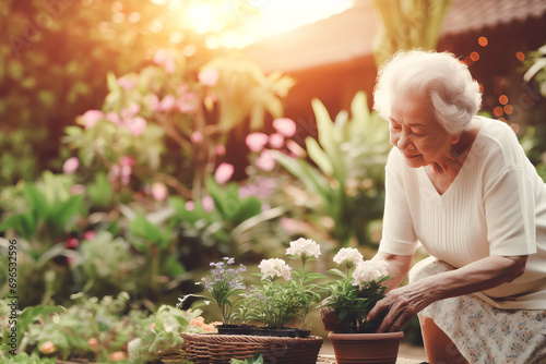 Mature woman plants flowers in garden. Concept gardening and lifestyle of retirees photo
