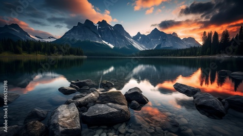 A stunning photograph of a lake surrounded by mountains