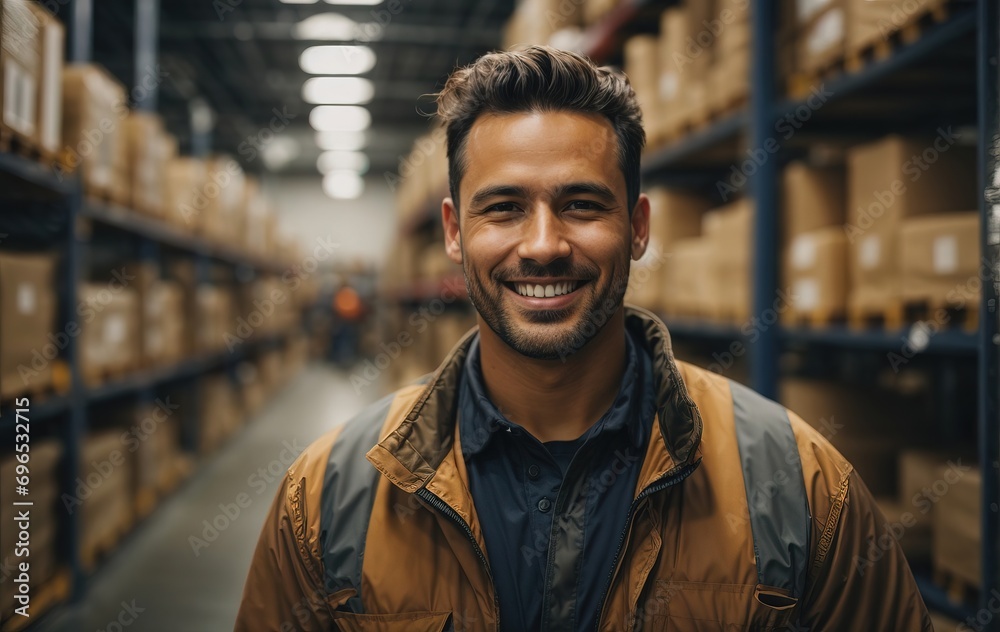 Professional positive loader worker in uniform smiling on the background is a large warehouse with shelves full of goods for delivery Professional positive loader worker in uniform smiling on the background is a large warehouse with shelves full of goods for delivery