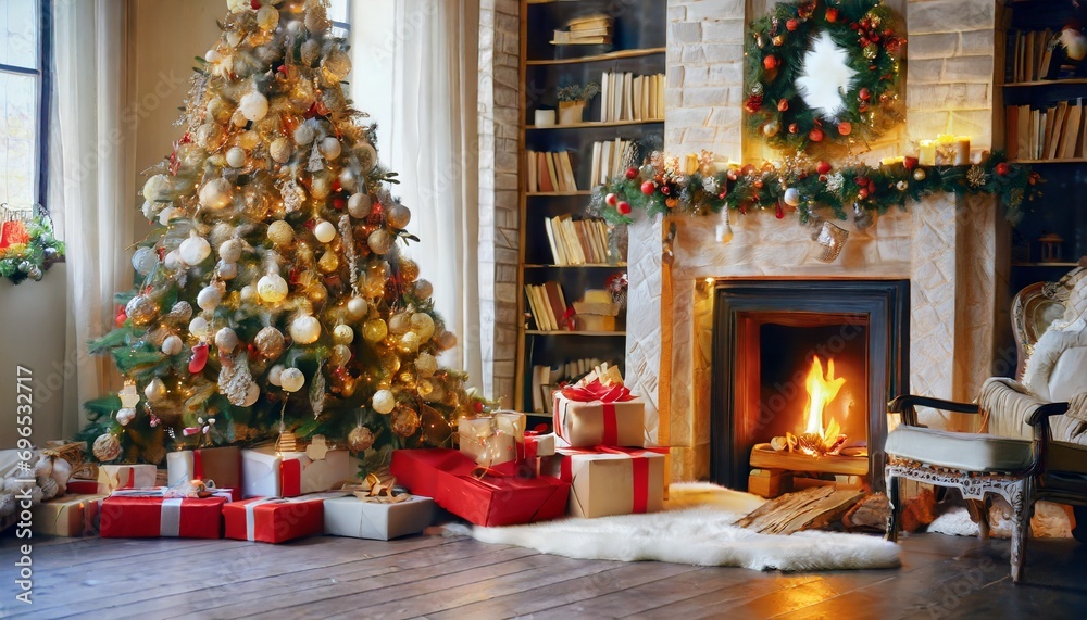 christmas interior with tree presents and fireplace