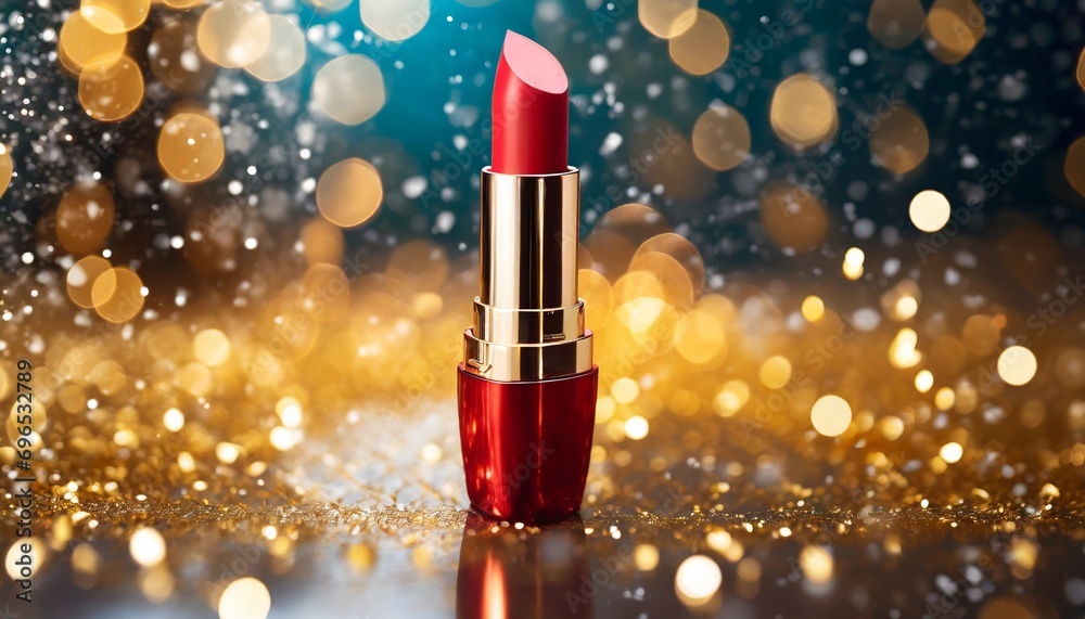glamorous red lipstick tube on sparkling holiday background generative ai - obrazy, fototapety, plakaty 