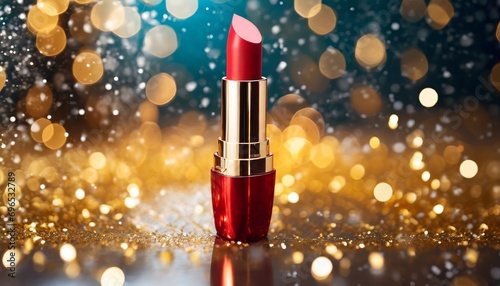 glamorous red lipstick tube on sparkling holiday background generative ai photo