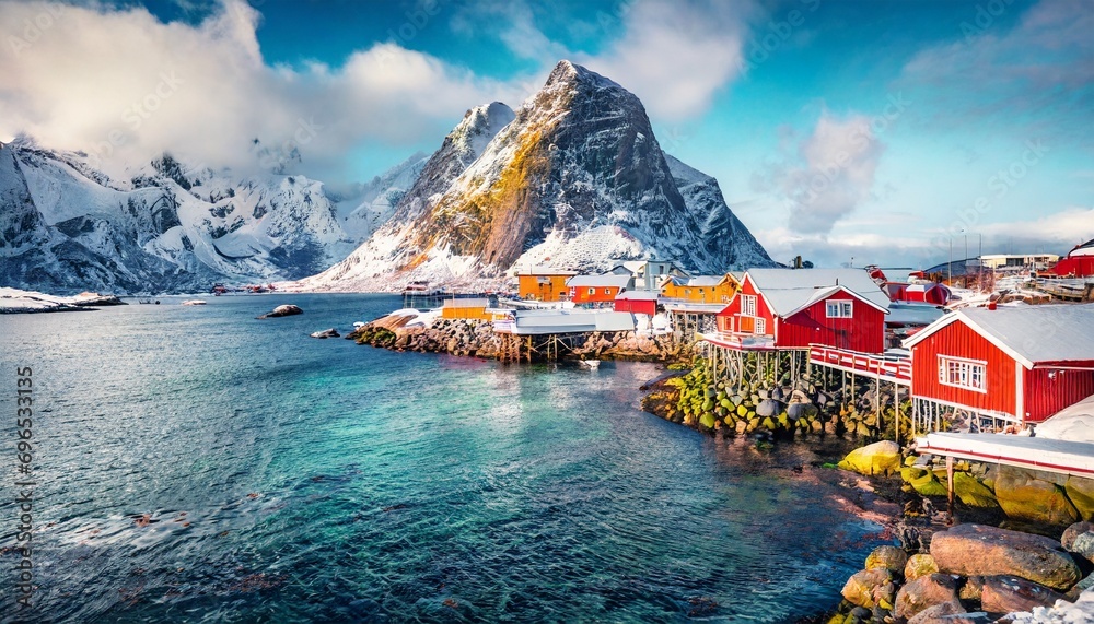 attractive morning scene of sakrisoy village norway europe bright winter view of lofoten islads witj typical red wooden houses beautiful seascape of norwegian sea traveling concept background - obrazy, fototapety, plakaty 