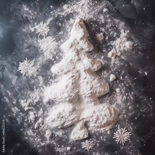 Christmas tree on the background of flour. White flour looks like snow. View from above, AI generator