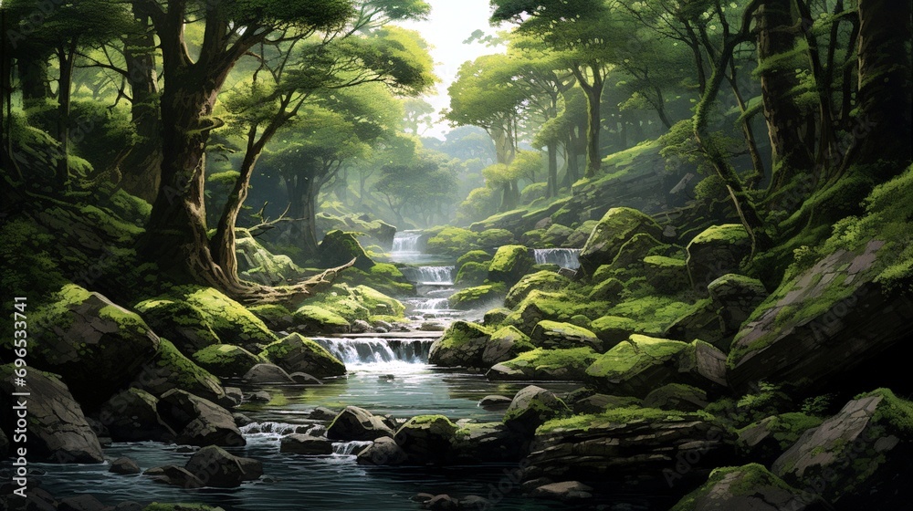 A tranquil woodland glen with a babbling brook winding through moss-covered rocks and verdant ferns.