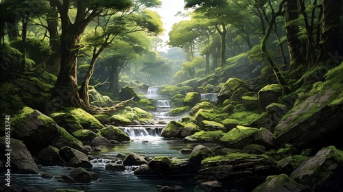 A tranquil woodland glen with a babbling brook winding through moss-covered rocks and verdant ferns. © Imran_Art