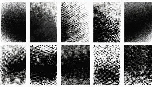 assorted various black noise halftone different grainy textures vector set isolated on light background half tone contrast black white graphic rough gritty variety texture design element collection photo