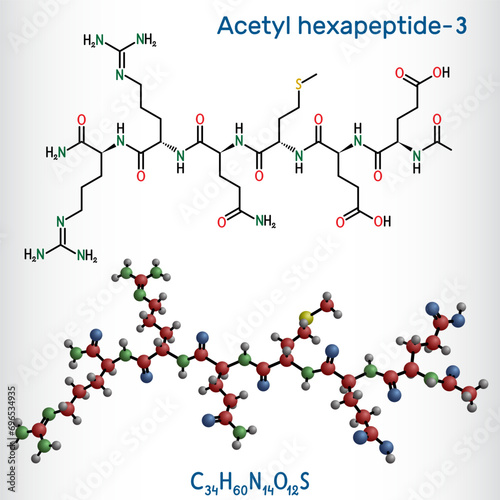 Acetyl hexapeptide-3, acetyl hexapeptide-8, argireline molecule. Peptide, fragment of SNAP-25, a substrate of botulinum toxin. Structural chemical formula, molecule model.