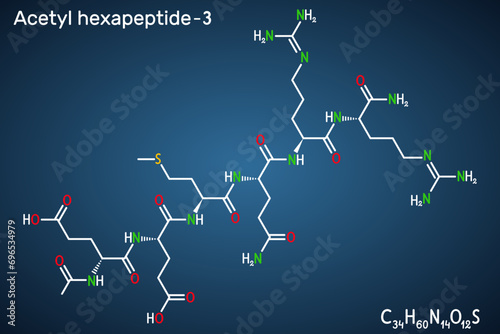 Acetyl hexapeptide-3, acetyl hexapeptide-8, argireline molecule. Peptide, fragment of SNAP-25, substrate of botulinum toxin. Structural formula, dark blue background.