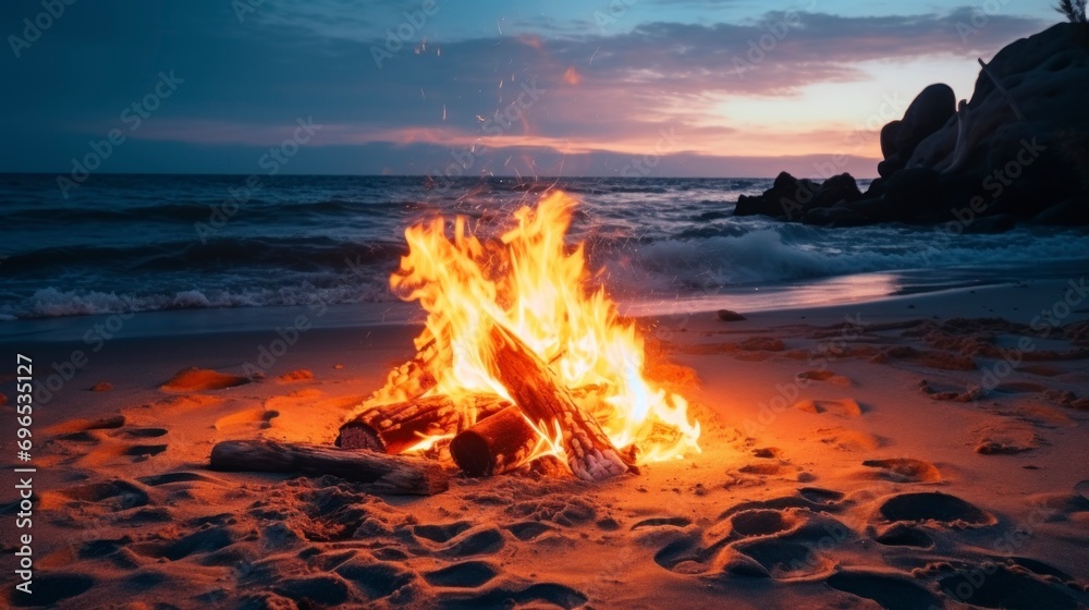 bonfire of wooden sticks in the middle of a beautiful beach - obrazy, fototapety, plakaty 
