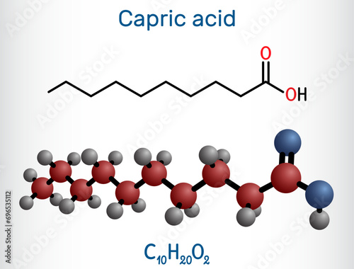 Capric acid, decanoic acid or decylic acid molecule. It is saturated fatty acid. Structural chemical formula, molecule model. photo