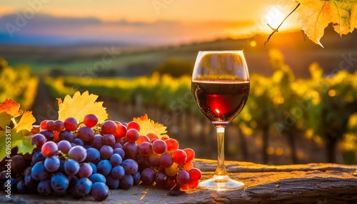 glass of wine and grapes in the vineyard at sunset generative ai
