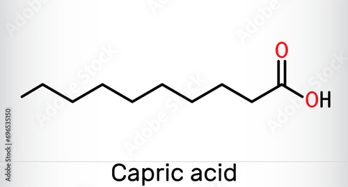 Capric acid, decanoic acid or decylic acid molecule. It is saturated fatty acid. Skeletal chemical formula.