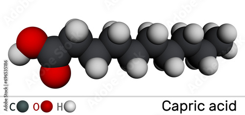 Capric acid, decanoic acid or decylic acid molecule. It is saturated fatty acid. Molecular model. 3D rendering photo