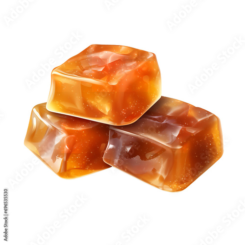 Yummy and Sweet Caramel candies with caramel sauce isolated on transparent background 